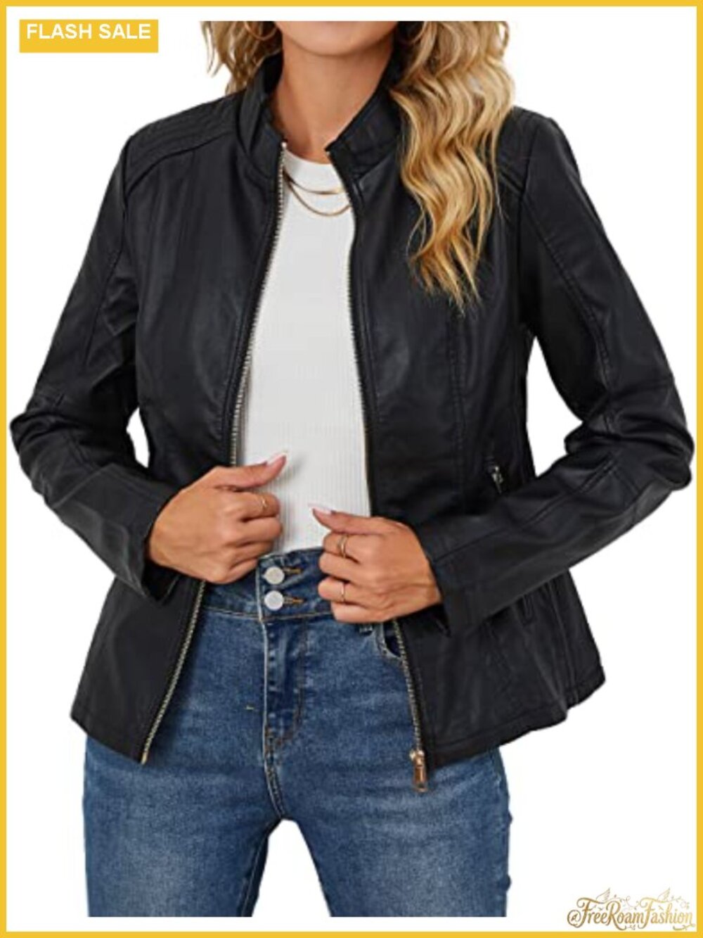 Faux Leather Moto Biker Jacket Stand Collar Zip Front Women